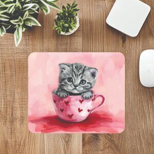 Cute Grey Kitten Sitting In Tea Cup Computer Mousepad Office Decor Handmade